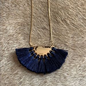 Navy gold tassel fringe long pendant necklace